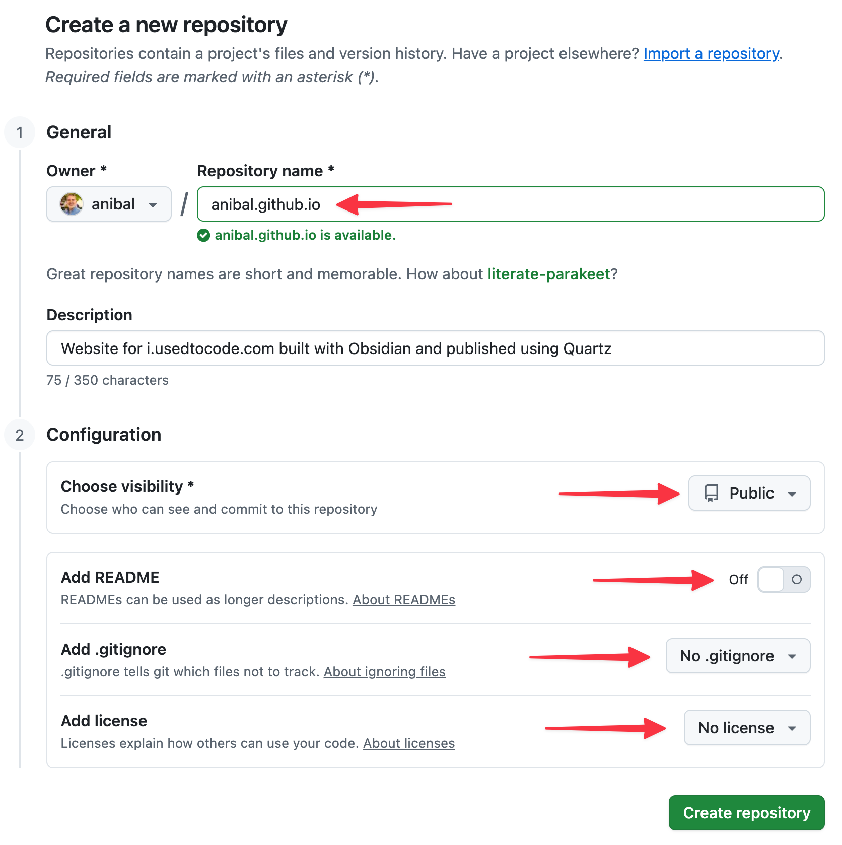 GitHub new repository form creating a public anibal.github.io repository without README, .gitignore or license