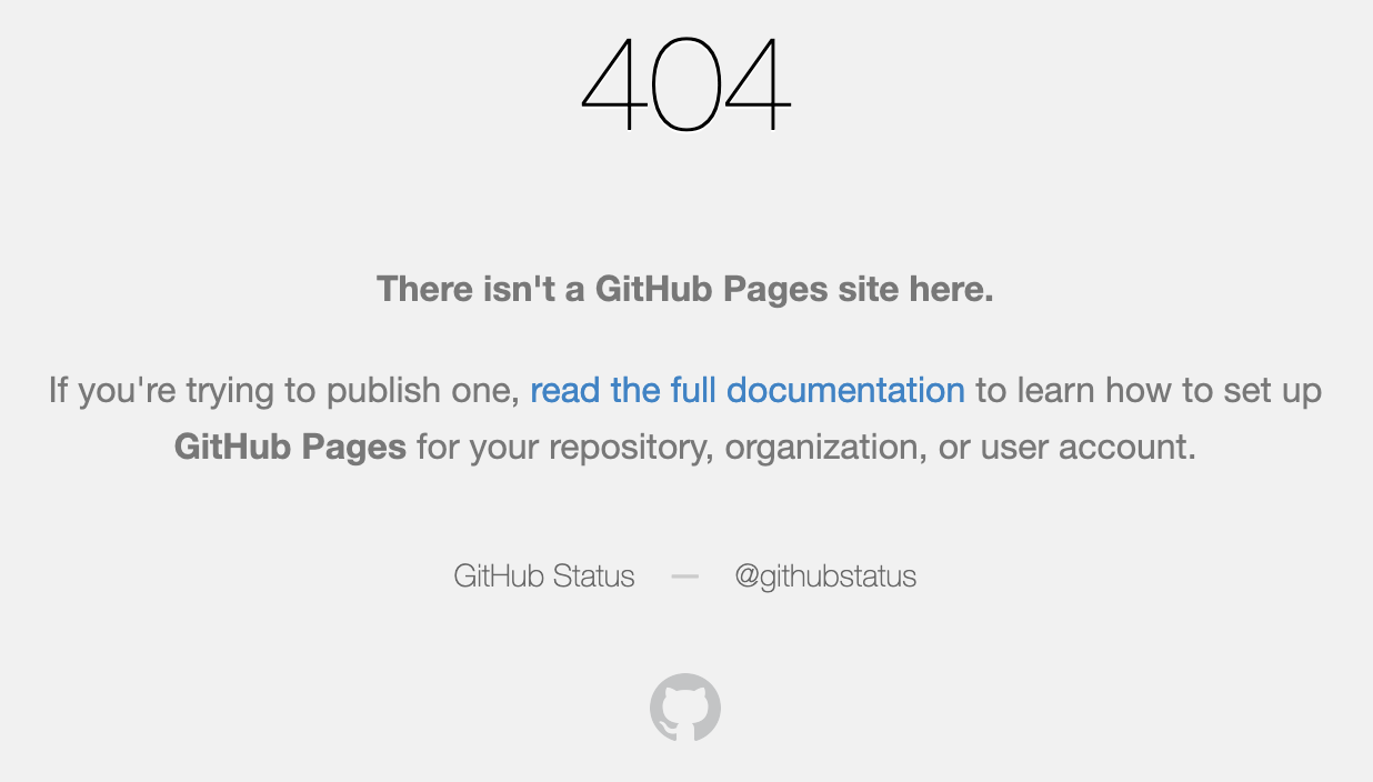 Browser showing a GitHub Pages 404 error for the still-empty repository