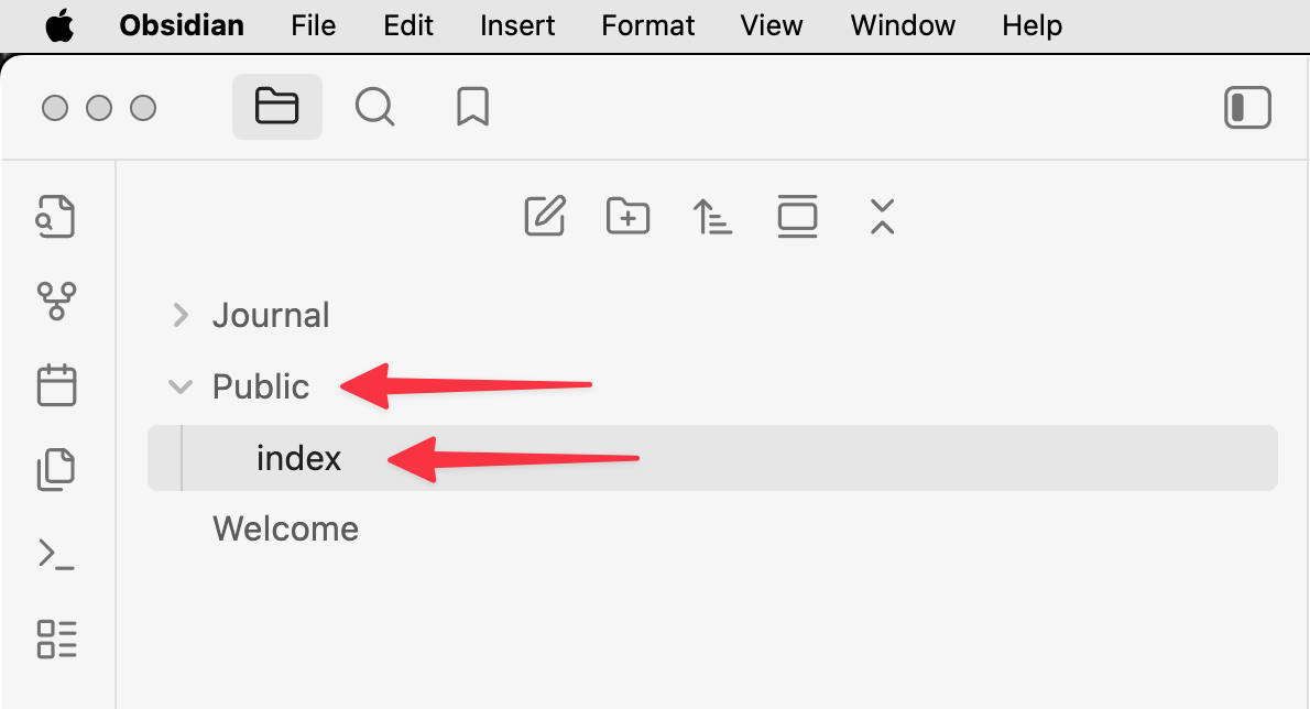 Obsidian file explorer showing a Public folder with an index file at the root of the vault