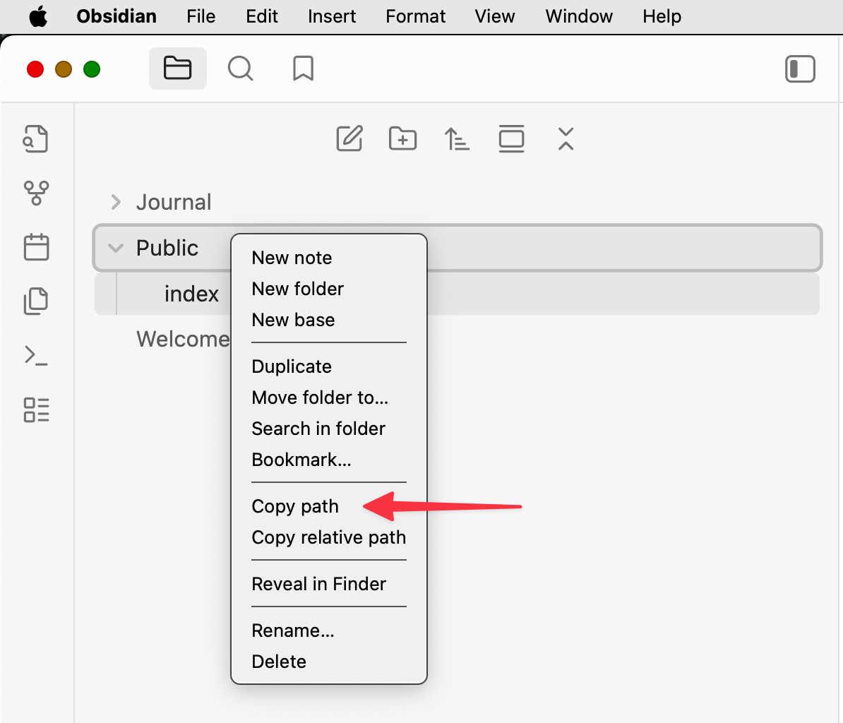 Obsidian context menu with the Copy path option for the Public folder