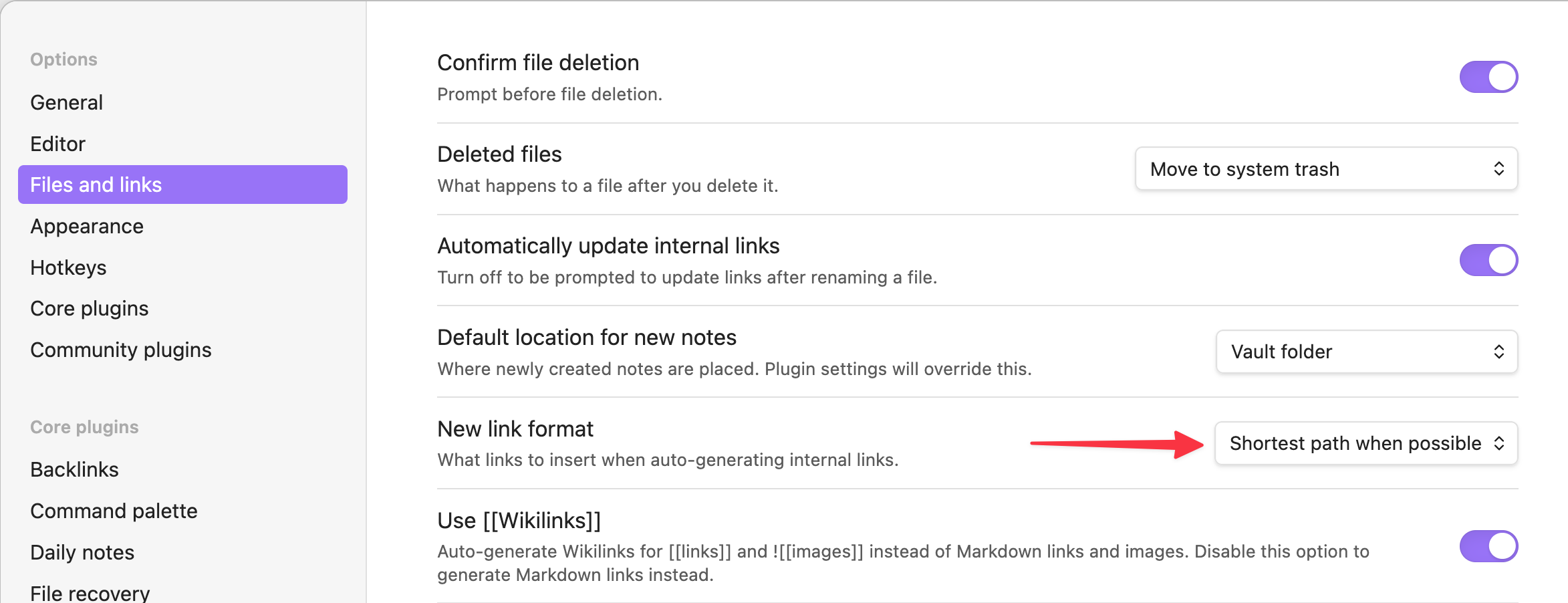 Obsidian Files and links settings with link format set to shortest path
