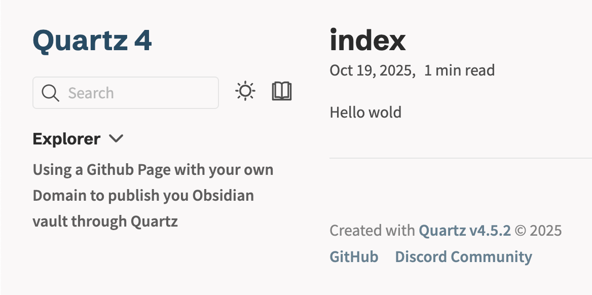 Quartz site rendered locally at localhost:8080 showing the index page