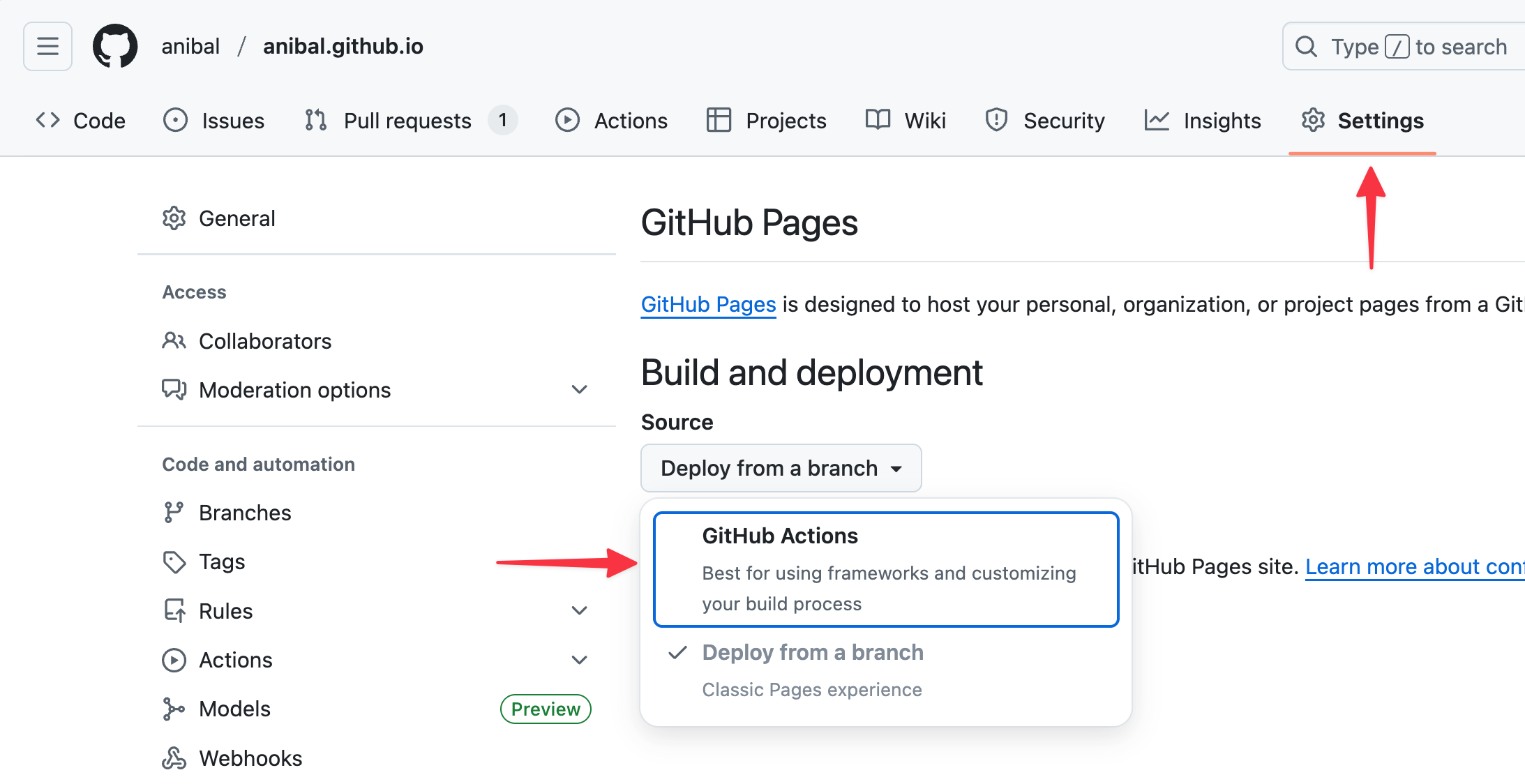 GitHub repository Pages settings with GitHub Actions selected as the deployment source