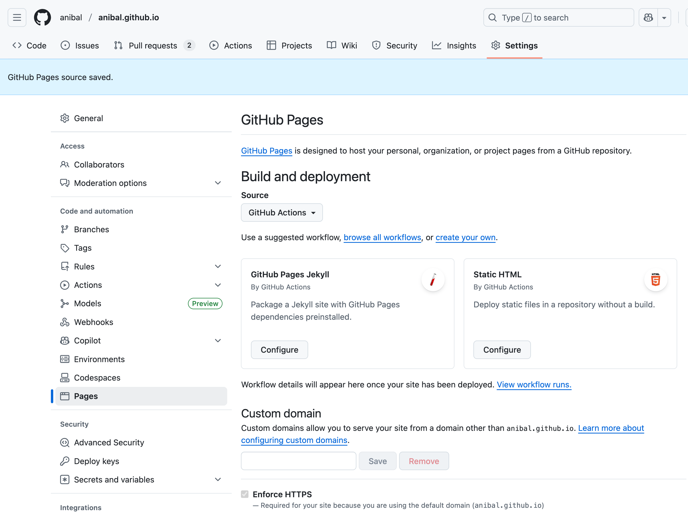 GitHub Pages settings after selecting GitHub Actions as the source