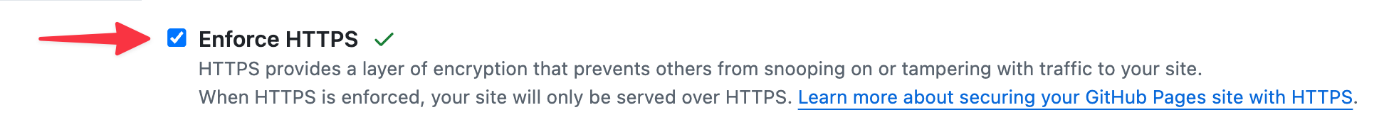 GitHub Pages settings with the Enforce HTTPS option available